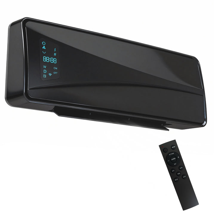 black wall-mounted ceramic fan heater with remote