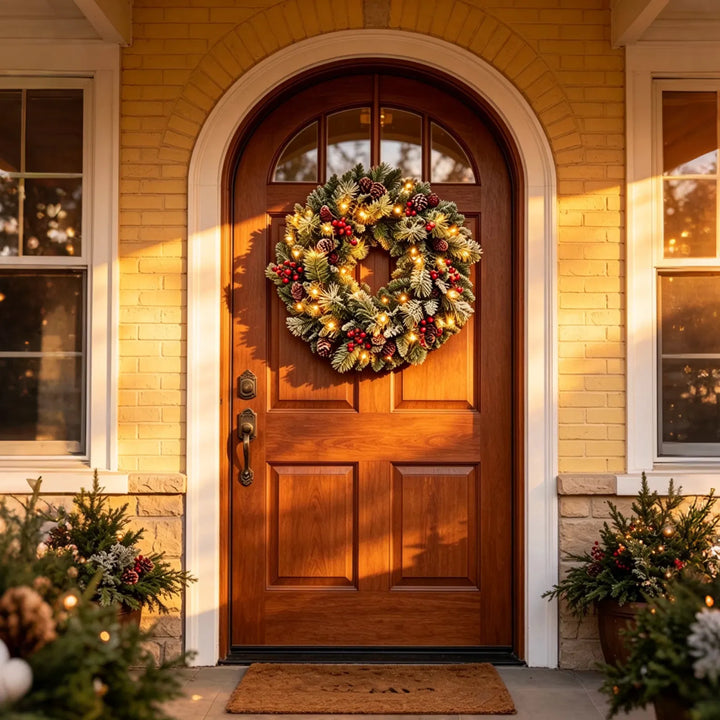 Frosted lit wreath with berries and cones