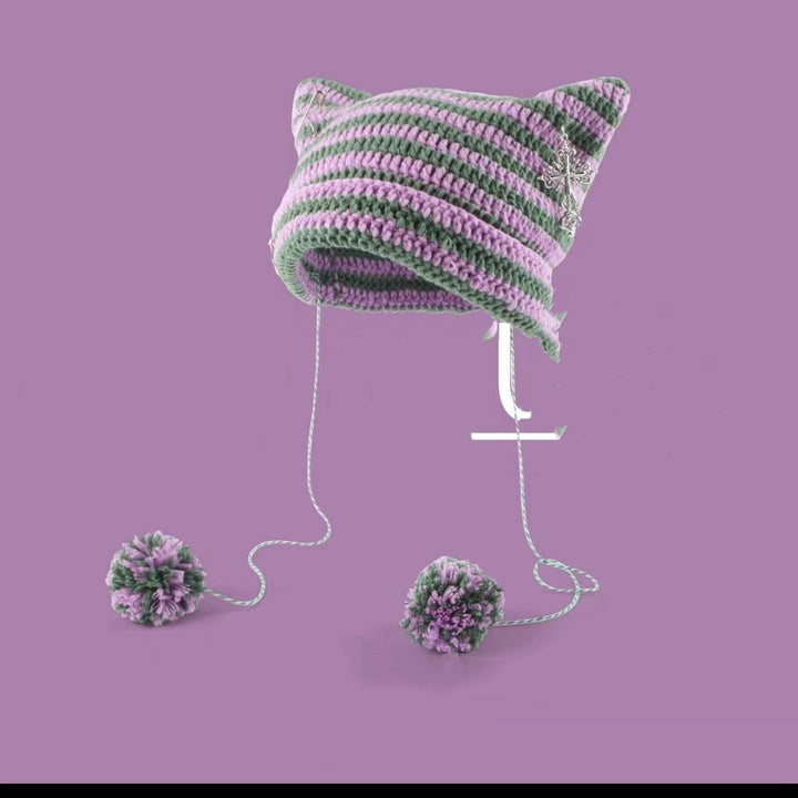 Striped cat ear beanie with pompom ties