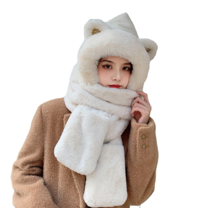 Woman wearing white plush hood with ears