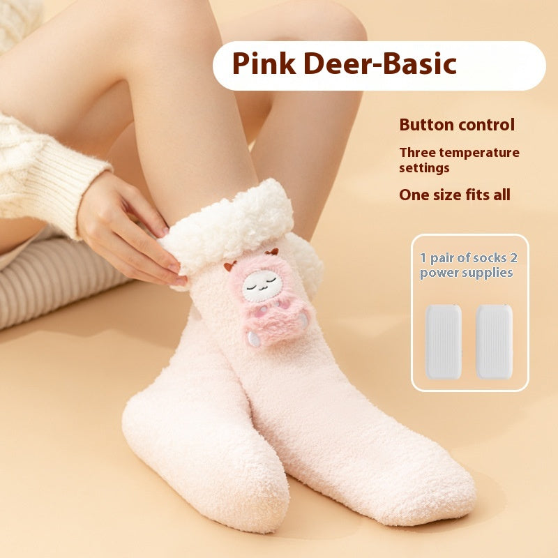 Pink plush heated socks with deer badge