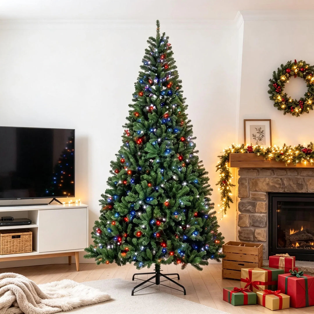 Tall pre-lit fir with colourful lights