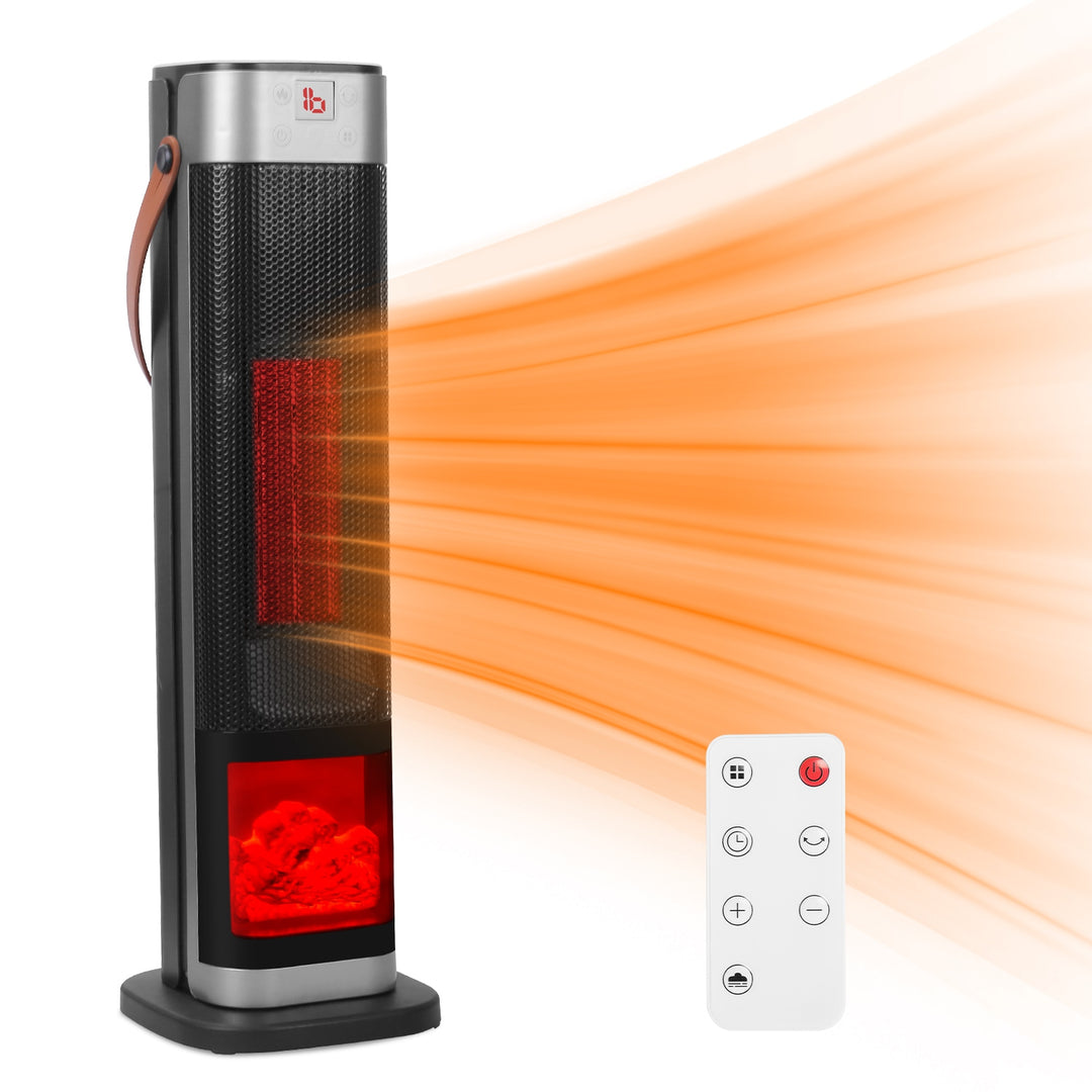 black ceramic tower heater with flame effect and leather strap