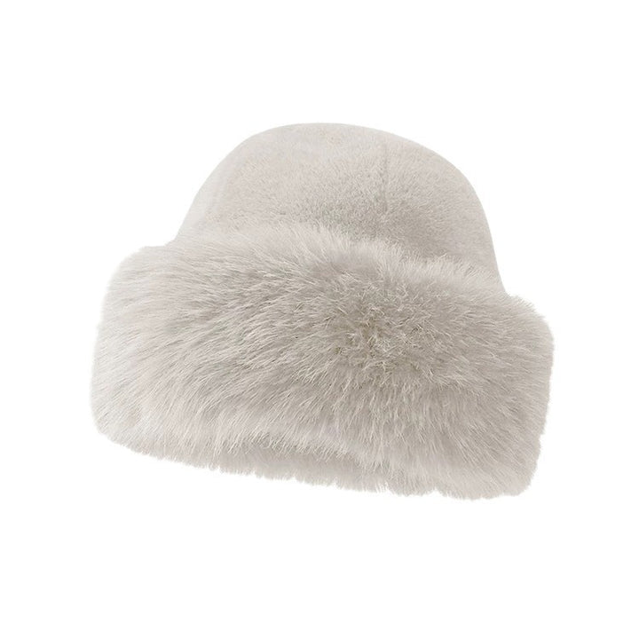 Beige fluffy faux fur hat with rolled brim
