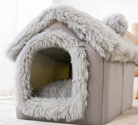 Foldable Dog House Bed With Warm Enclosed Cave Design