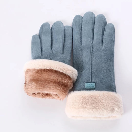 Grey suede look gloves with bear face cuff