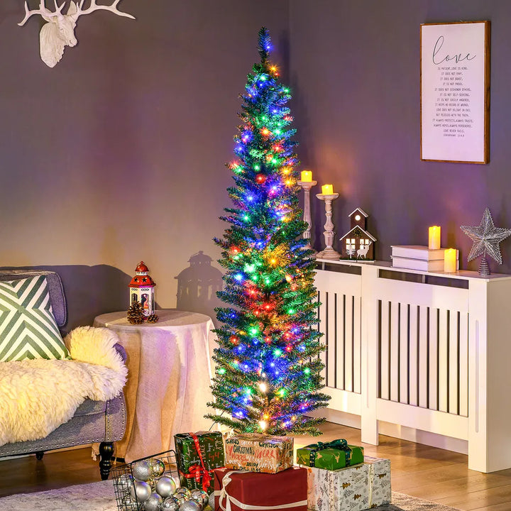 Green pencil tree with multicoloured lights
