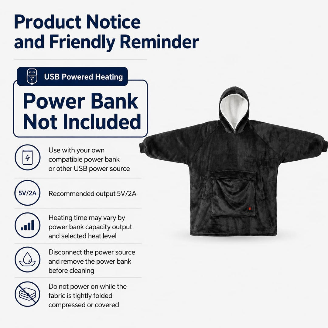Heated Unisex Blanket Hoodie - USB-Powered, 3-Zone Flannel Warmth
