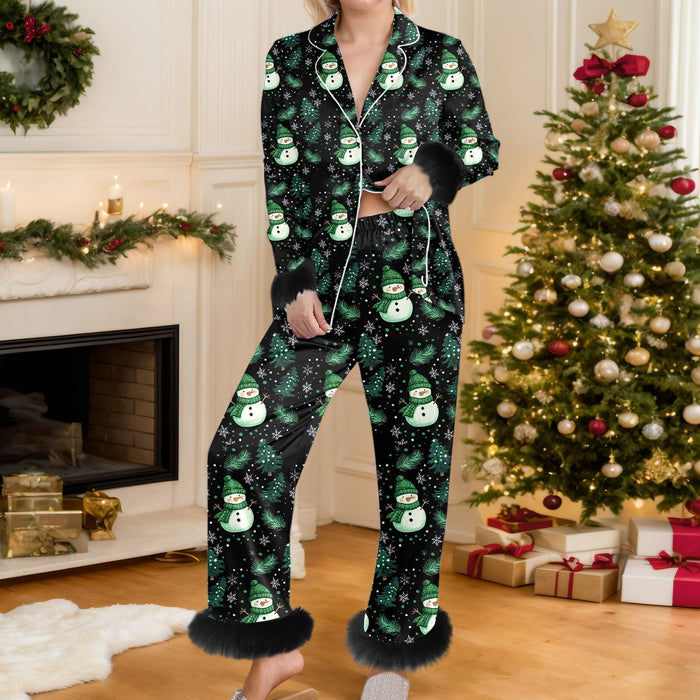 Snugleigh Christmas Print Button Up Pyjama Set with Faux Fur Trim