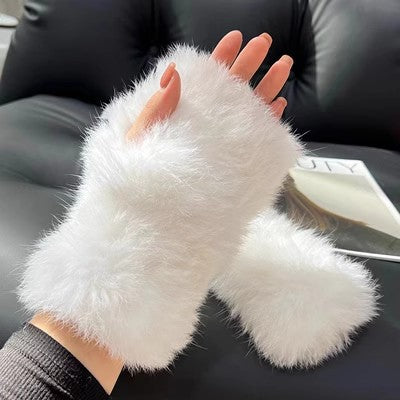 Snugleigh Fluffy Rabbit Fur Fingerless Mittens with Thumb Hole