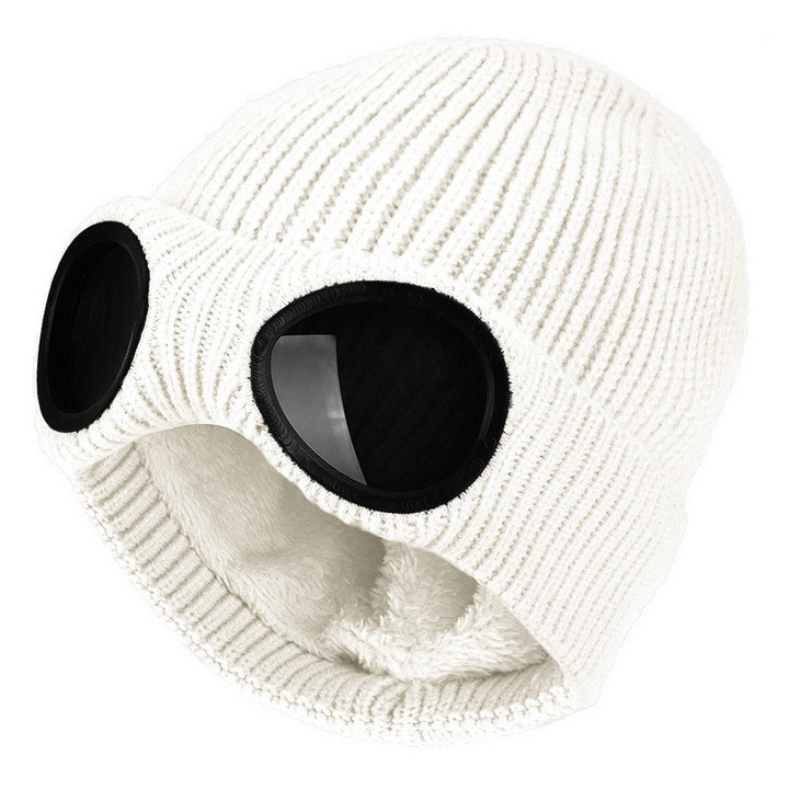 Knit beanie with flip-up goggles on the front