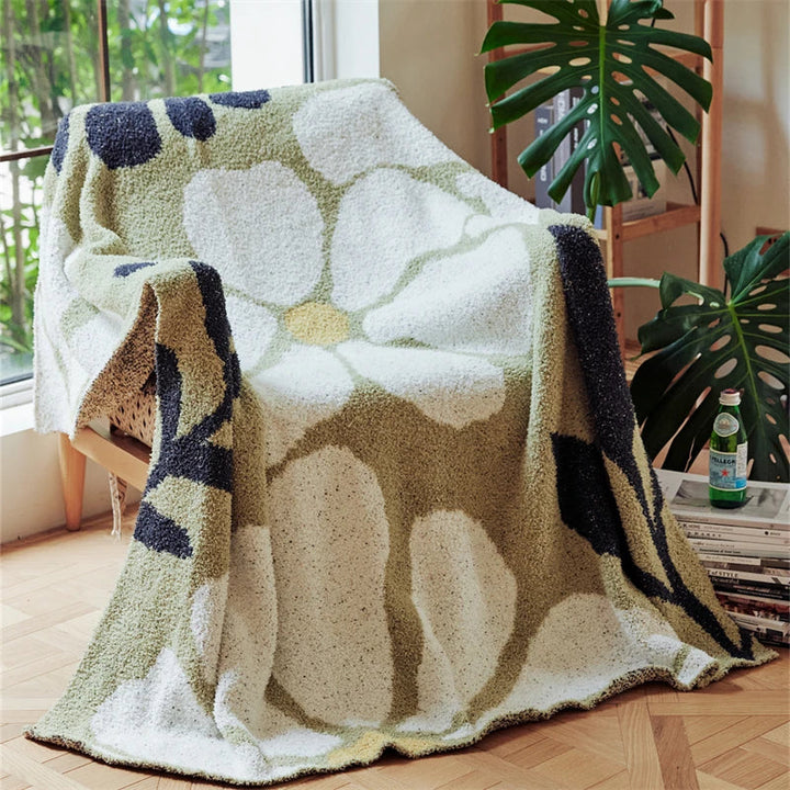 Boho Floral Leaves Microfibre Knitted Throw Blanket - Soft, Cosy, and Decorative