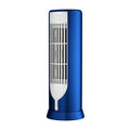 White compact tower fan heater on desk