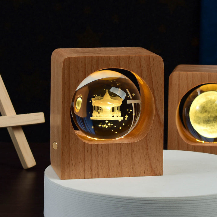 3D Crystal Ball Night Light – Laser-Engraved on Beech Base