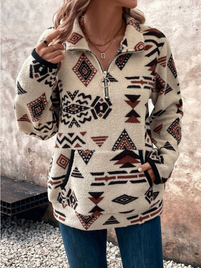 Cream half zip fleece with geometric print