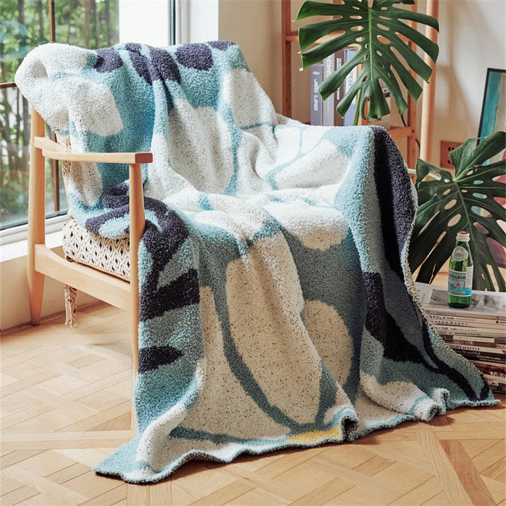 Boho Floral Leaves Microfibre Knitted Throw Blanket - Soft, Cosy, and Decorative