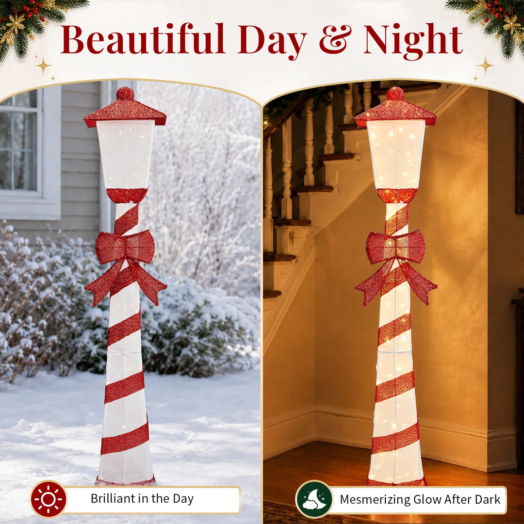 Candy cane striped Christmas lamp post glowing
