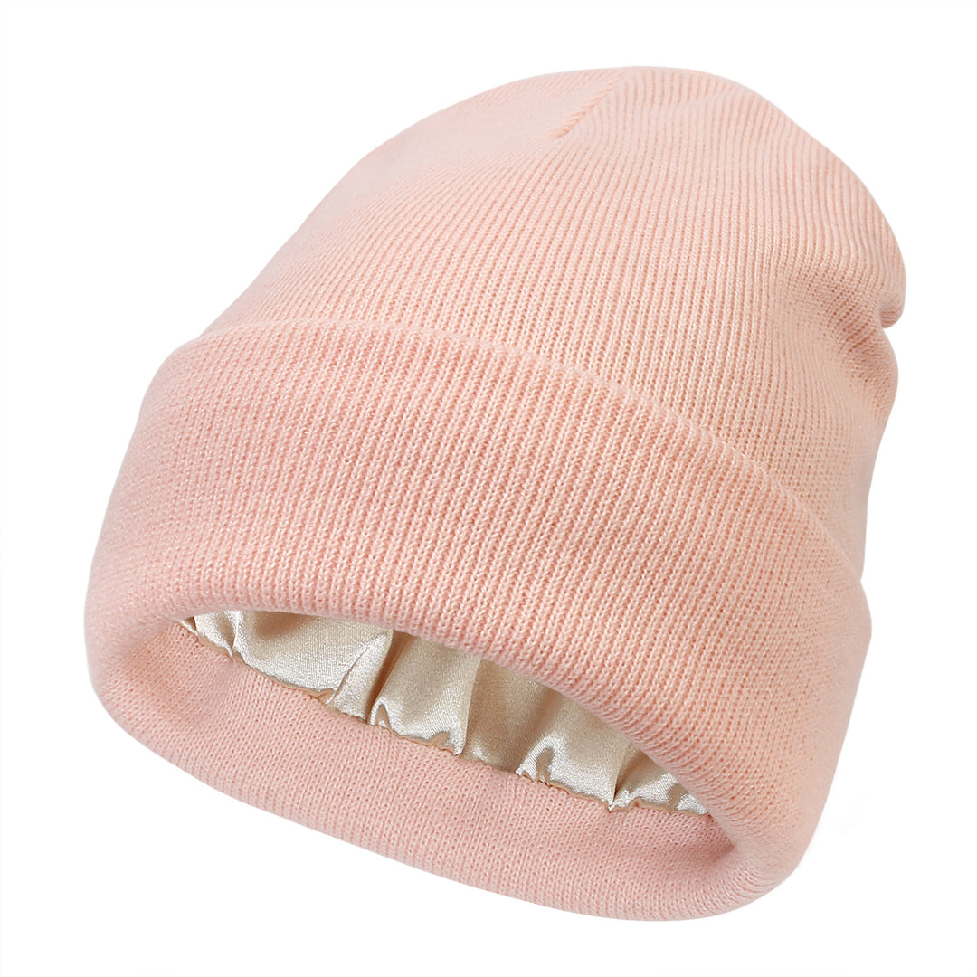Pink cuffed beanie with satin lining