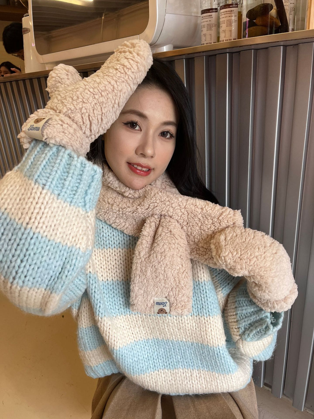 Beige teddy mittens and scarf set