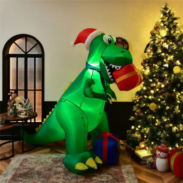 Inflatable T-rex in a Santa hat