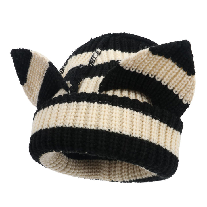 Black chunky knit beanie with cat ears
