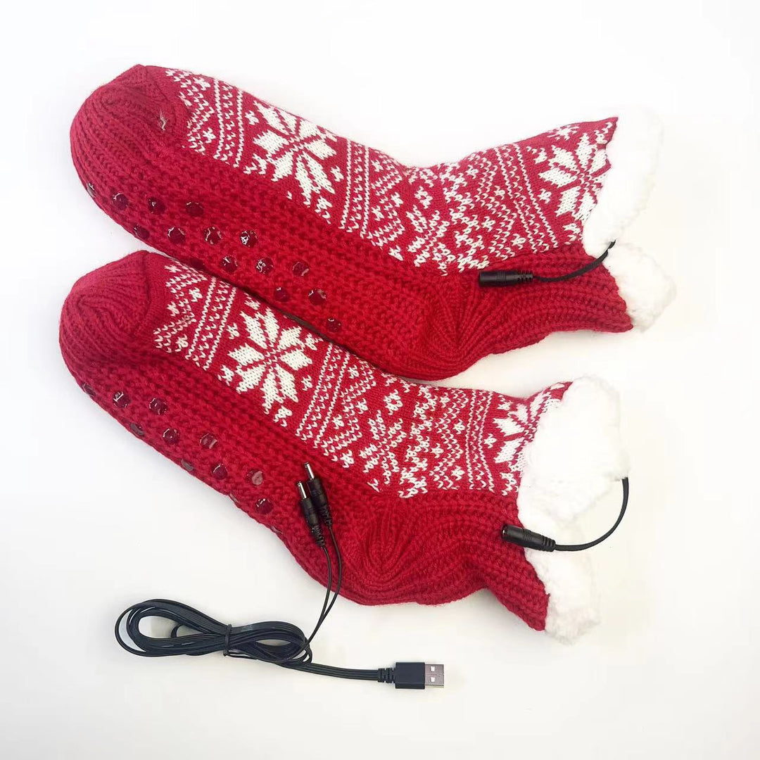 Red Nordic knit USB heated house socks