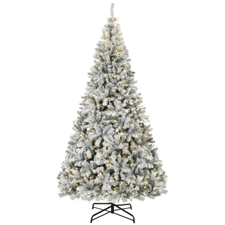Huge flocked Fraser fir with warm lights