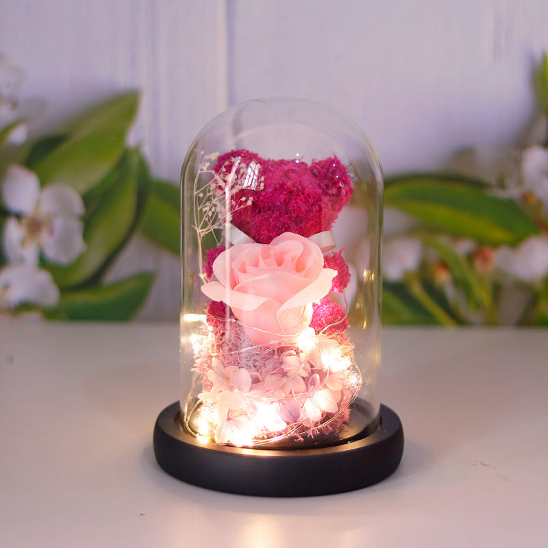 Eternal Preserved Rose Lamp With Teddy Bear And LED Lights