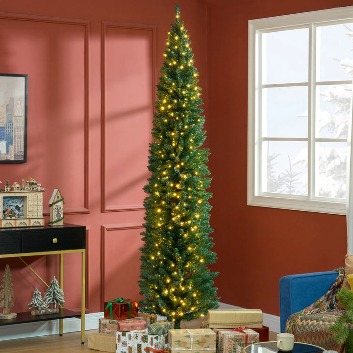 Tall green pencil tree with warm lights