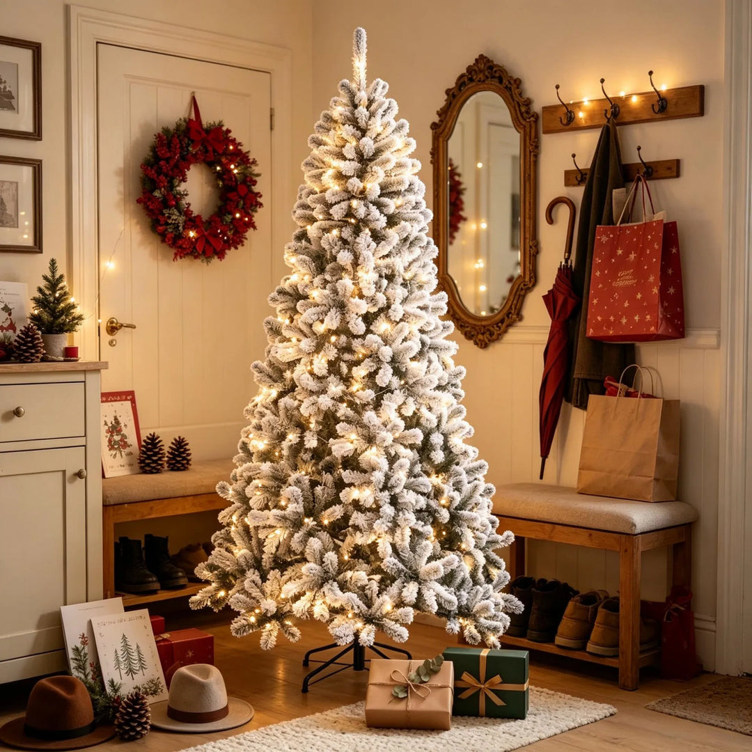 Tall flocked Northern pine with lights