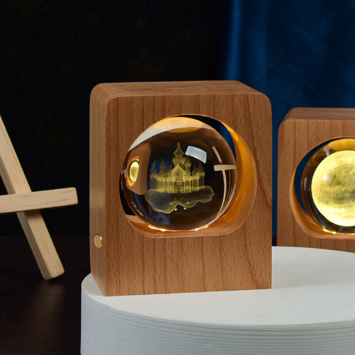 3D Crystal Ball Night Light – Laser-Engraved on Beech Base