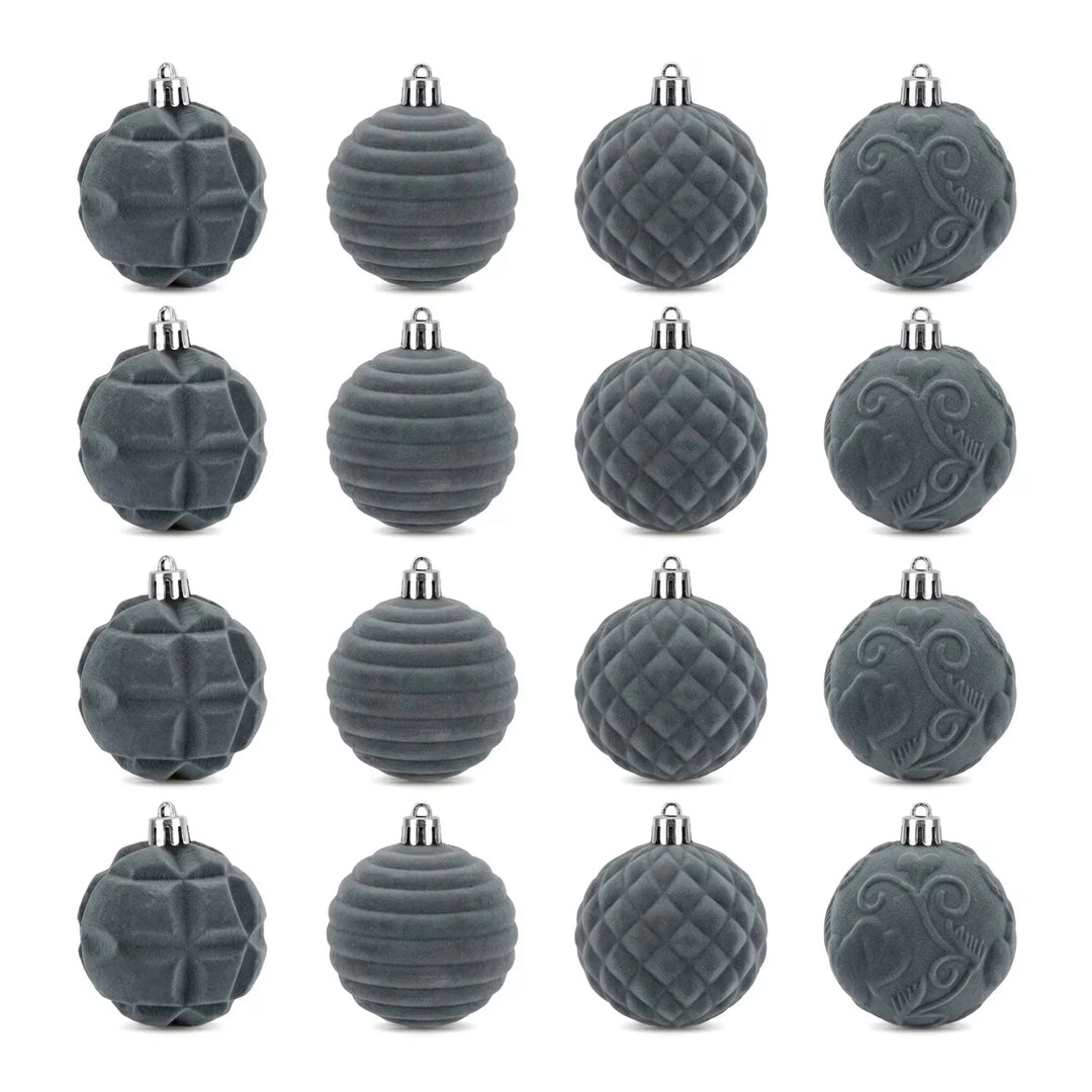 Twelve grey velvet Christmas baubles with patterns