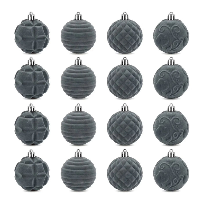 Snugleigh Grey Velvet Christmas Baubles, Shatterproof Set of 12