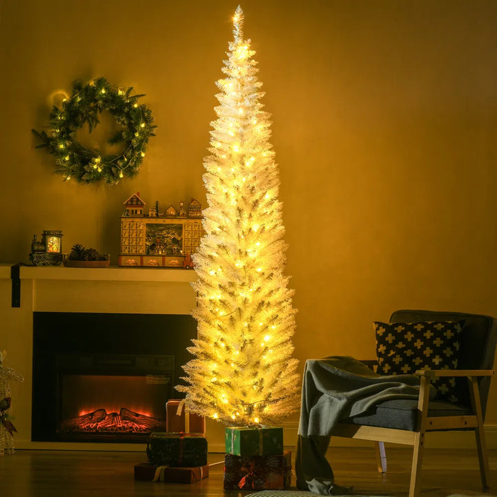 White pencil Christmas tree with warm lights