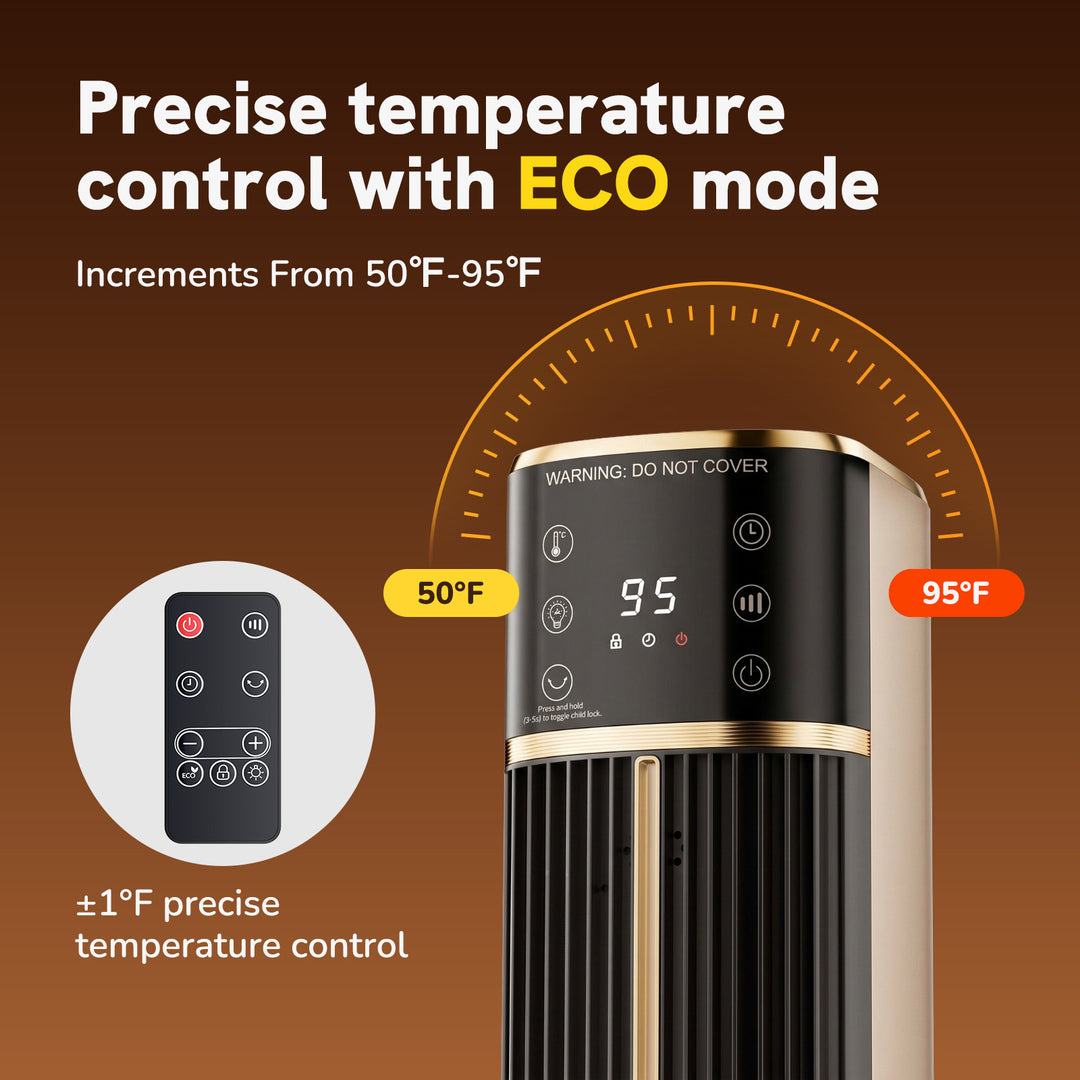Tall ceramic tower heater with flame-effect panel