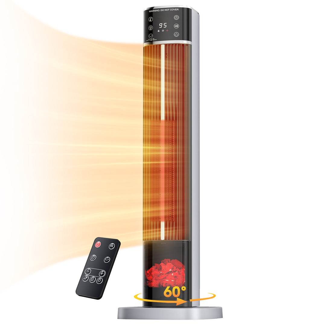 Tall ceramic tower heater with flame-effect panel