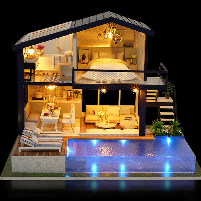 Snugleigh DIY miniature dollhouse kit with pool and LED lights