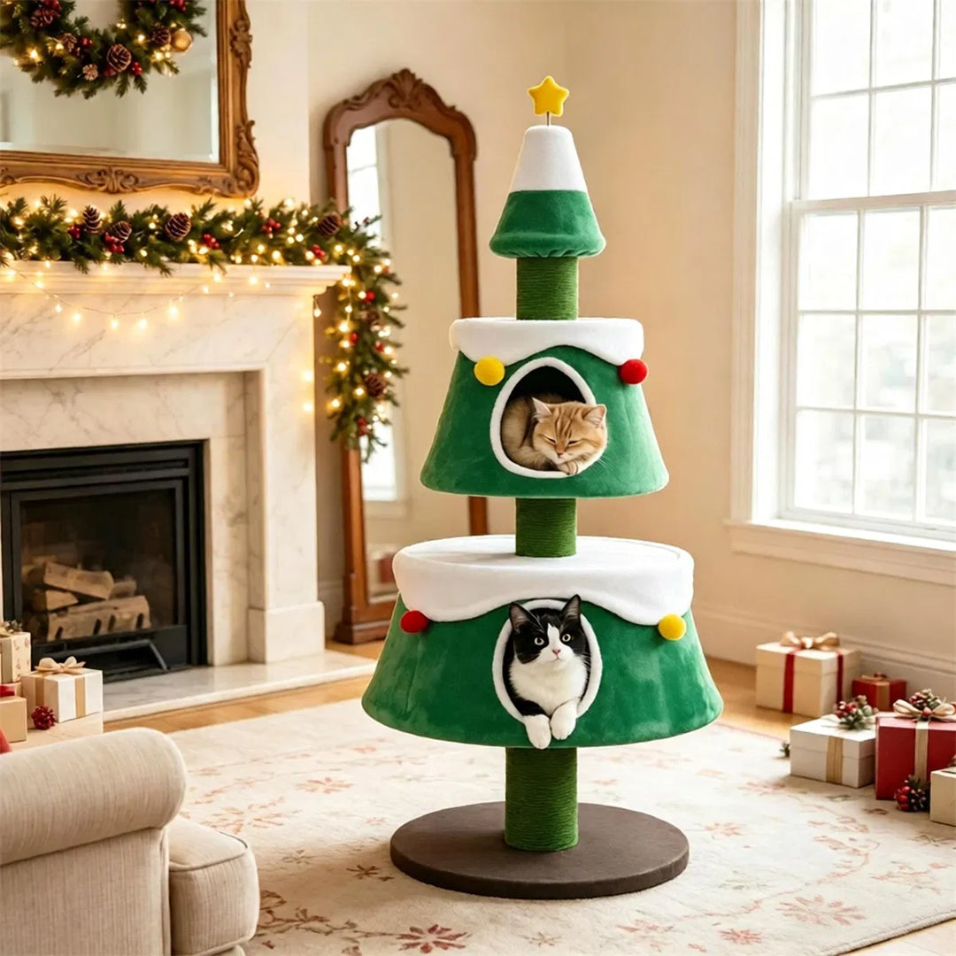Christmas tree shaped cat tree with condos