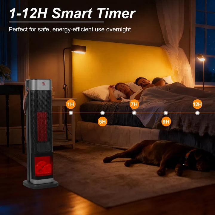 Black tower heater with flame-effect window