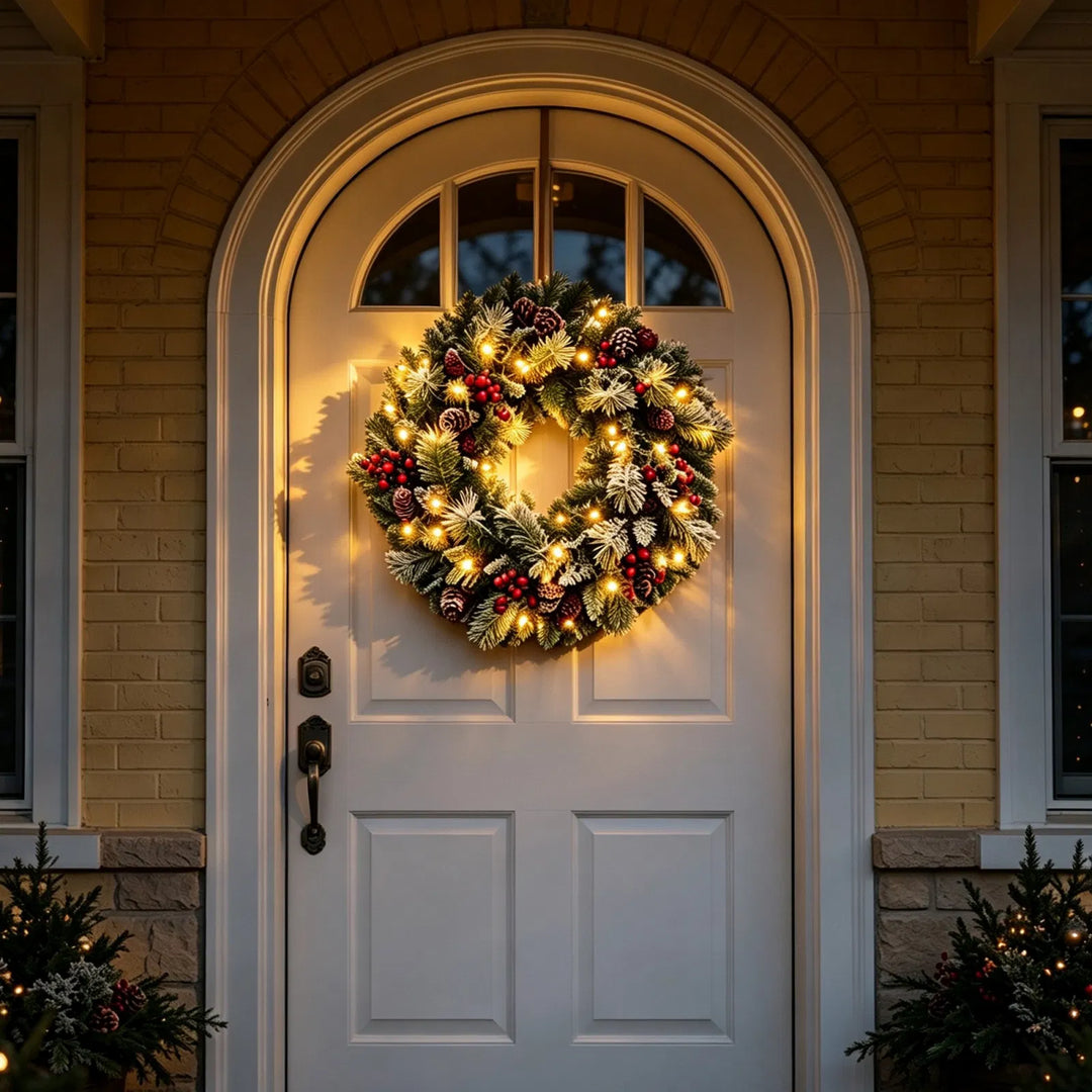 Frosted lit wreath with berries and cones
