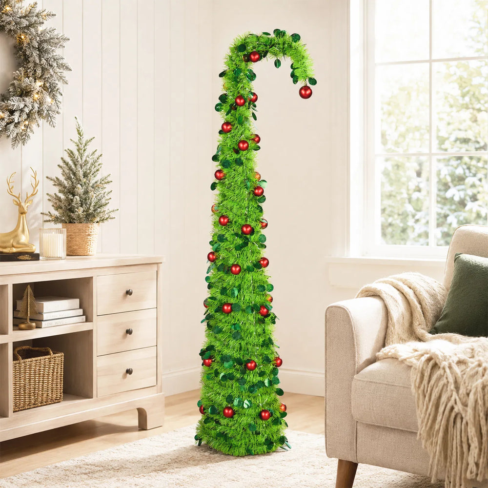 Green pop-up Christmas tree with red baubles