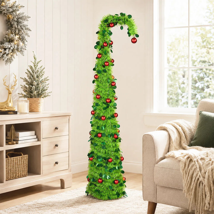 Green pop-up Christmas tree with red baubles