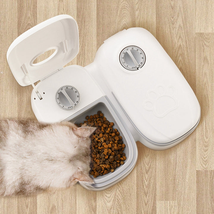 Grey timed pet feeder with dial lid