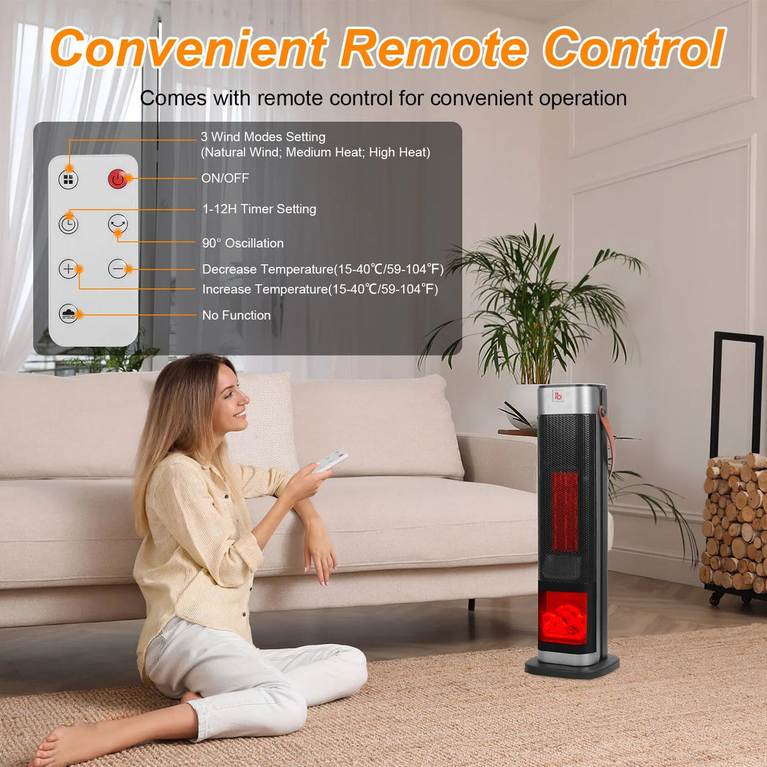 Black tower heater with flame-effect window