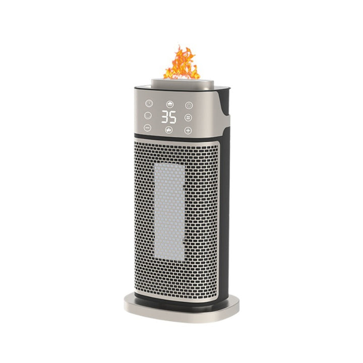 Silver tower heater with flame-effect humidifier