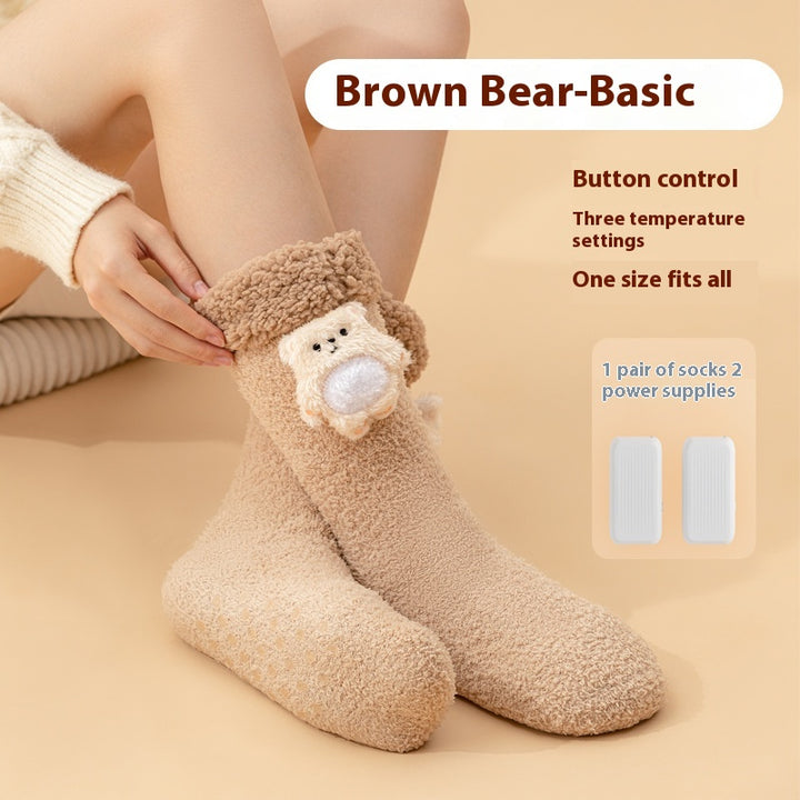 Pink plush heated socks with deer badge