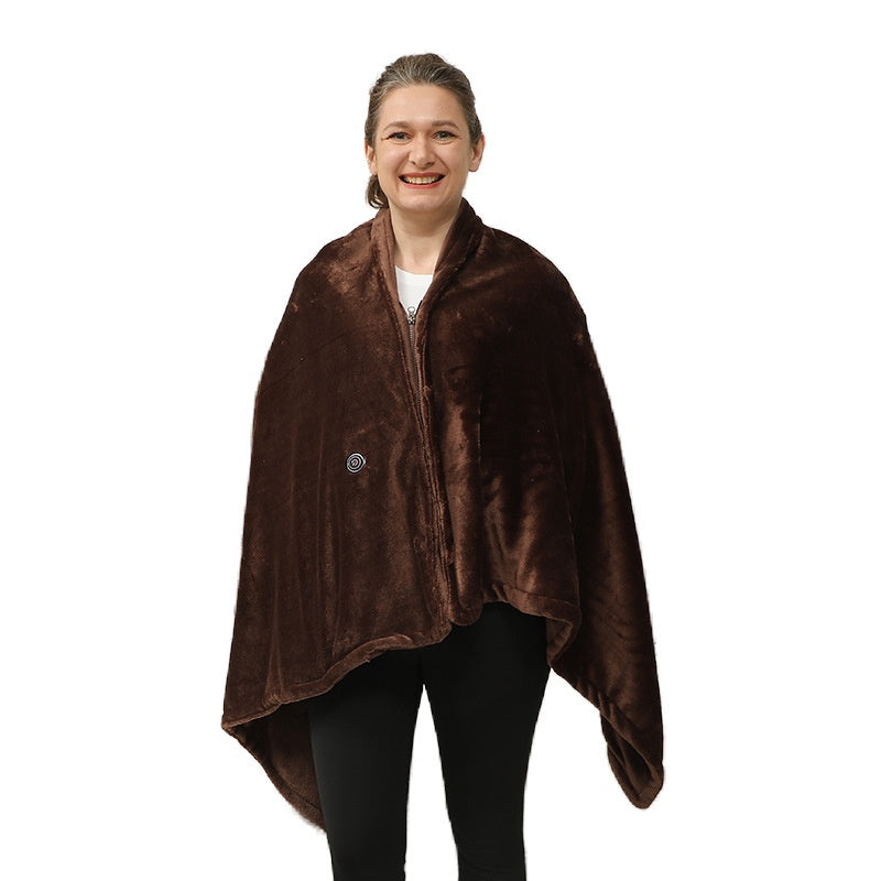 Woman wearing brown heated fleece shawl