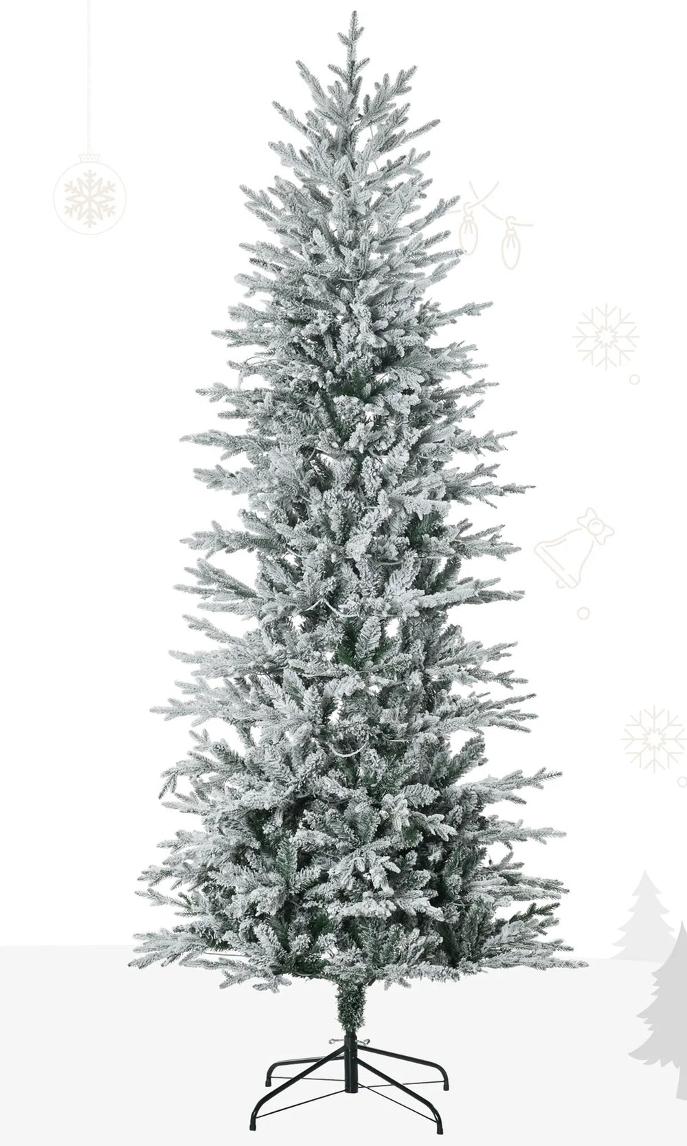 Tall snow-flocked tree with clear lights