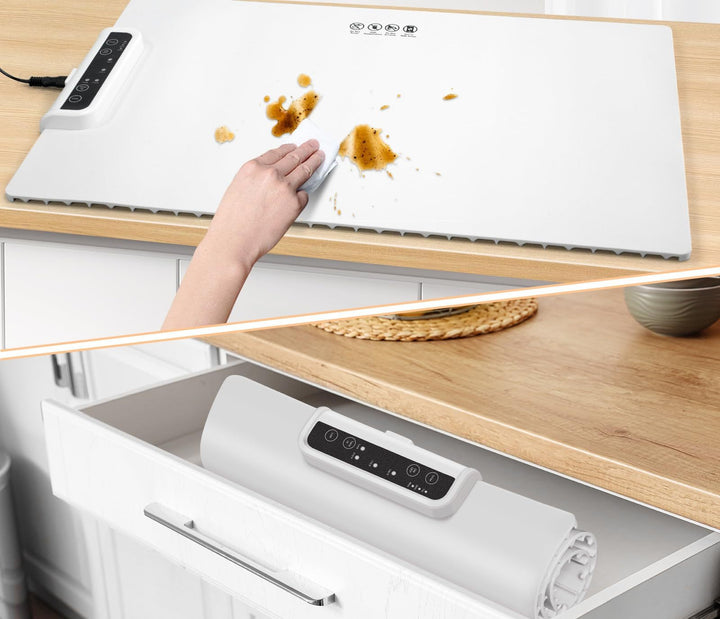 Roll-up food warming mat with dishes on top