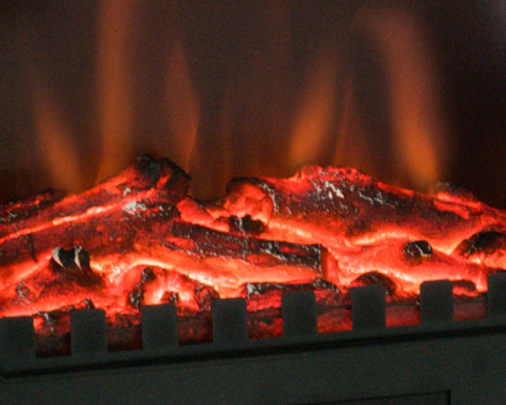 black electric stove with glowing LED charcoal flames